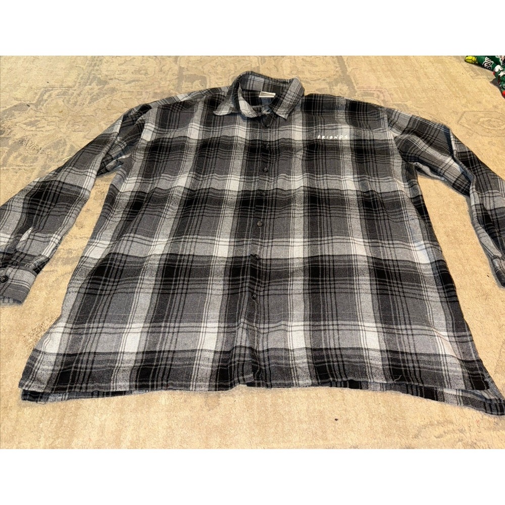 Friends TV Show Flannel Button Shirt Mens Sz 2XL XXL Gray Black Check Plaid‎
